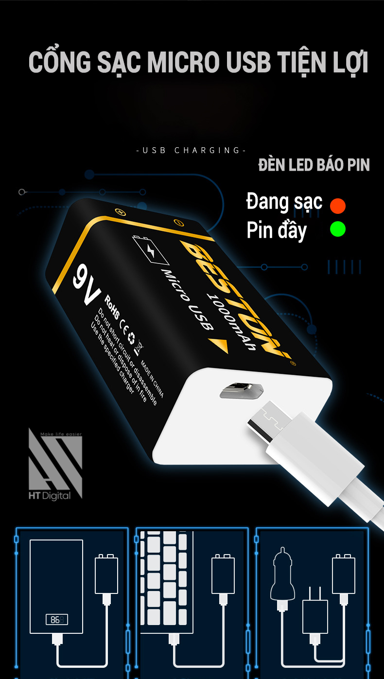 Pin sạc 9V Lithium Beston cổng sạc trực tiếp micro USB - Pin micro, đồng hồ đo điện, máy nghe nhạc, đèn pin,
