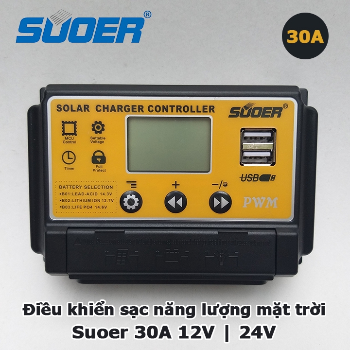 Điều khiển sạc năng lượng mặt trời PWM 30A LCD hãng Suoer - ST S1230