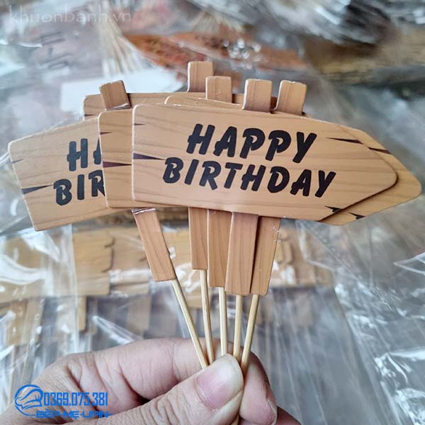 Phụ kiện sinh nhật thẻ cắm happy vân gỗ (Sét 5 cái)