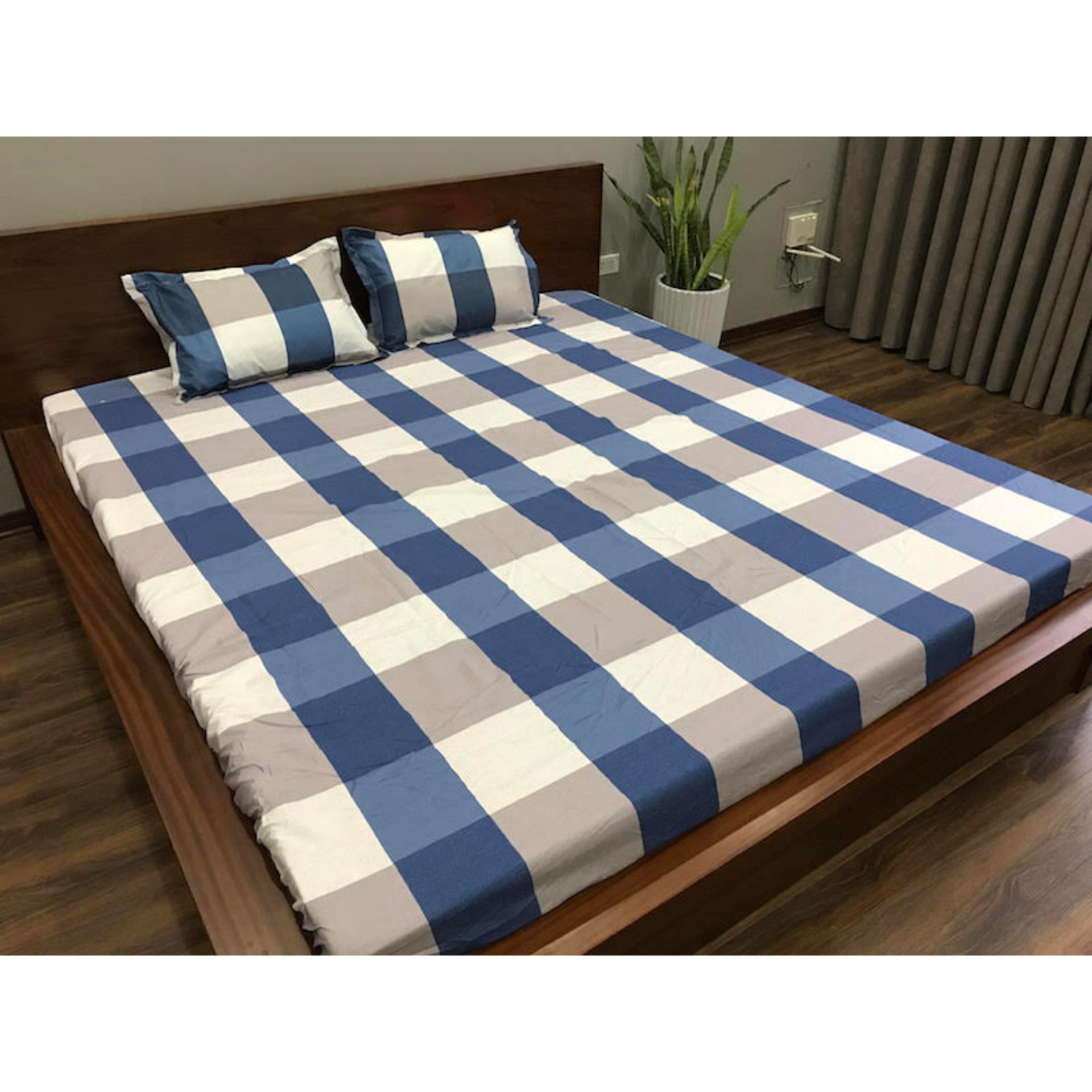 Bộ ga gối cotton Việt caro xanh.
