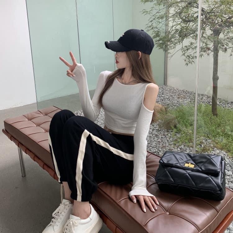 Quần Jogger Nữ Nỉ Tăm Phối Sọc Siêu Ấm