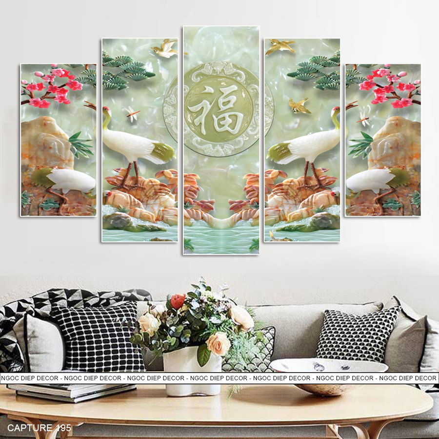Tranh Dán Tường 3D Tiên Hạc Chữ Phúc Giả Ngọc - Tranh décor phòng khách, phòng ngủ phong cách hiện đại