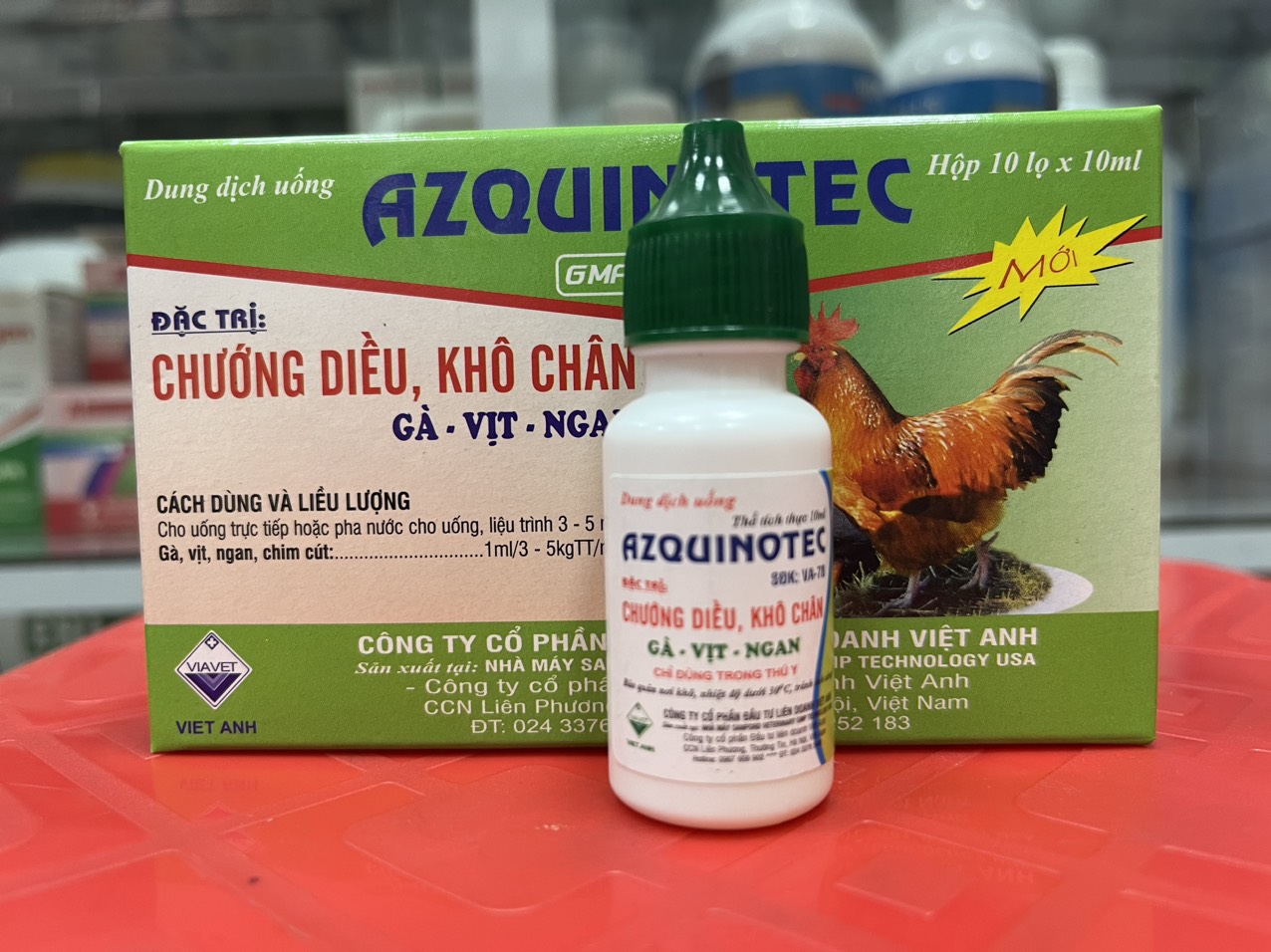 Chướng Diều, Khô Chân gà vịt ngan AZQUINOTEC Mào Thâm, Tiêu Chảy Phân Xanh Trắng, xù lông, sã cánh,mào thâm, sưng đầu, nghẹo cổ, thương hàn trên gia cầm