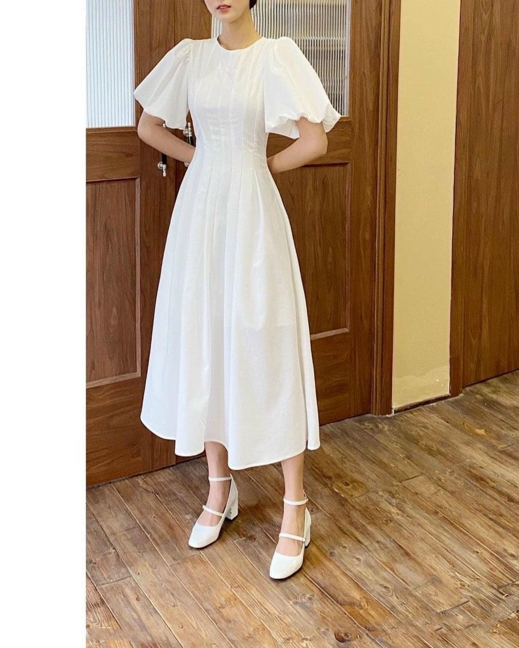 Đầm Xòe Midi Trơn Tay Phồng Chít Eo 5 Màu [Ảnh Thật Cuối] - DX0036