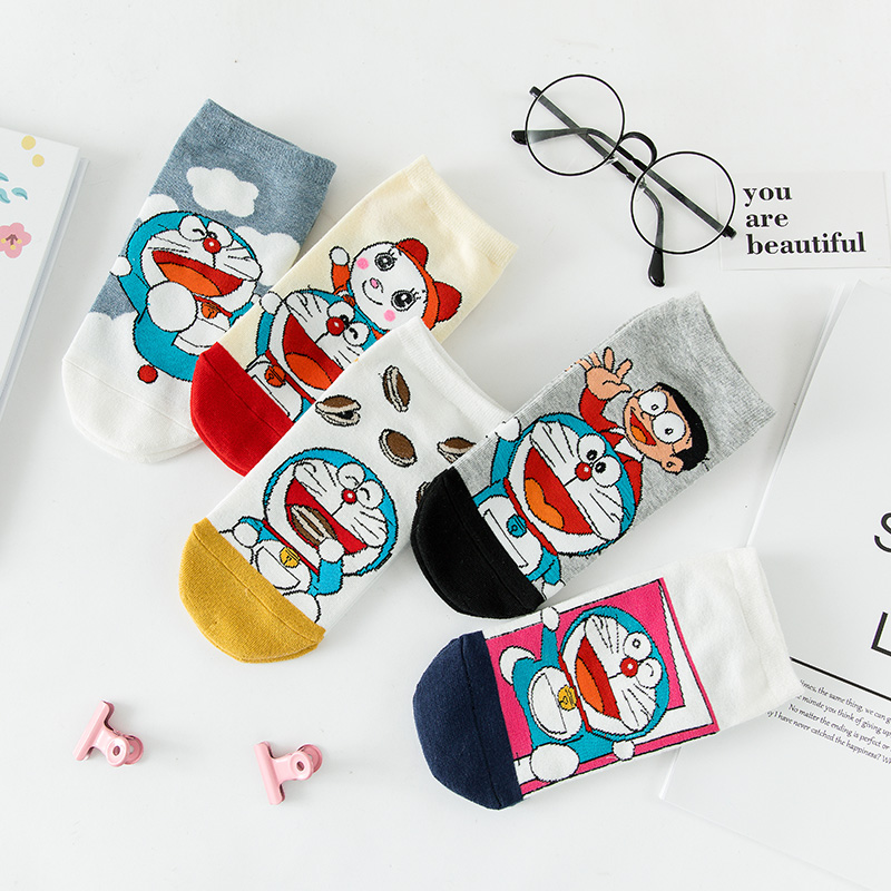 5 cặp Nhật Bản Phim hoạt hình Đôrêmon Mô hình Nữ Vớ mắt cá chân Thiết kế thời trang Bông Phụ nữ Ngắn Thấp hàng đầu Phụ nữ Hàng dệt kim ấm cúng