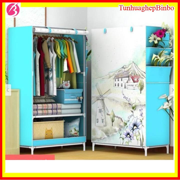 Tủ vải đựng quần áo cao cấp kiểu dáng 3D 1 buồng 2 ngăn, tủ vải khung inox treo quần áo nhỏ gọn