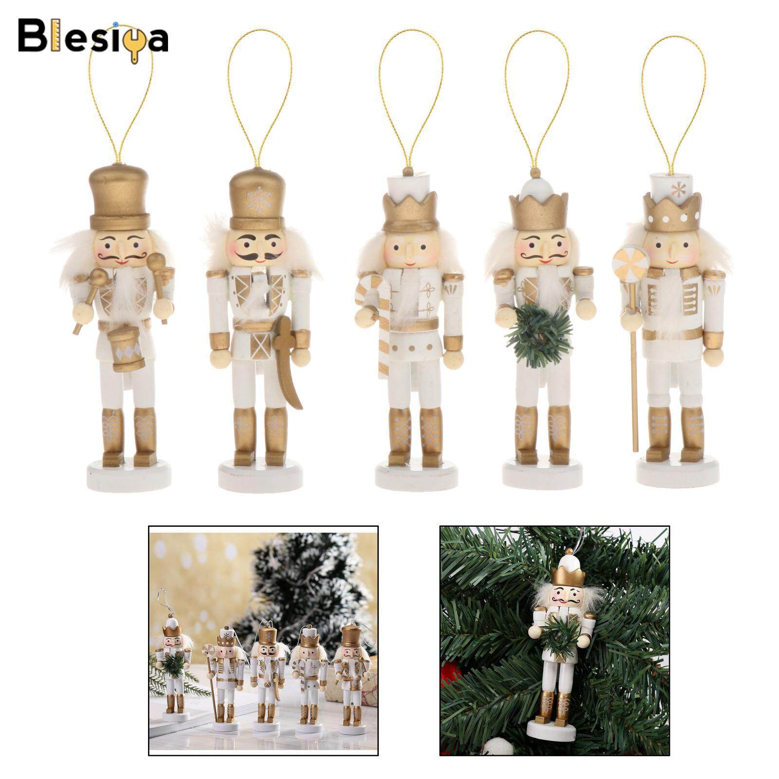 Blesiya 5 PCS Wooden Christmas Nutcracker Puppet Figurine Set Christmas Tree Pendants