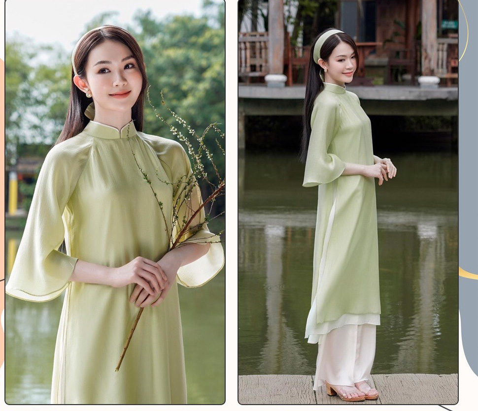 Áo dài tơ mềm cao cấp 4 tà màu cốm nhạt cổ 2cm tay lỡ loe, áo dài cách tân mặc tết, áo dài cách tân mẫu mới đẹp