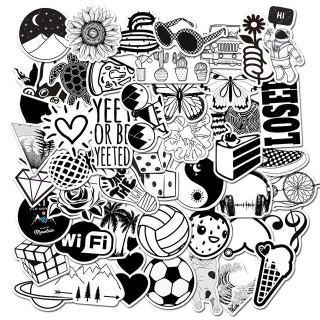 sticker Black White Đen Trắng Set 30 đến 60 hình dán có ép lụa