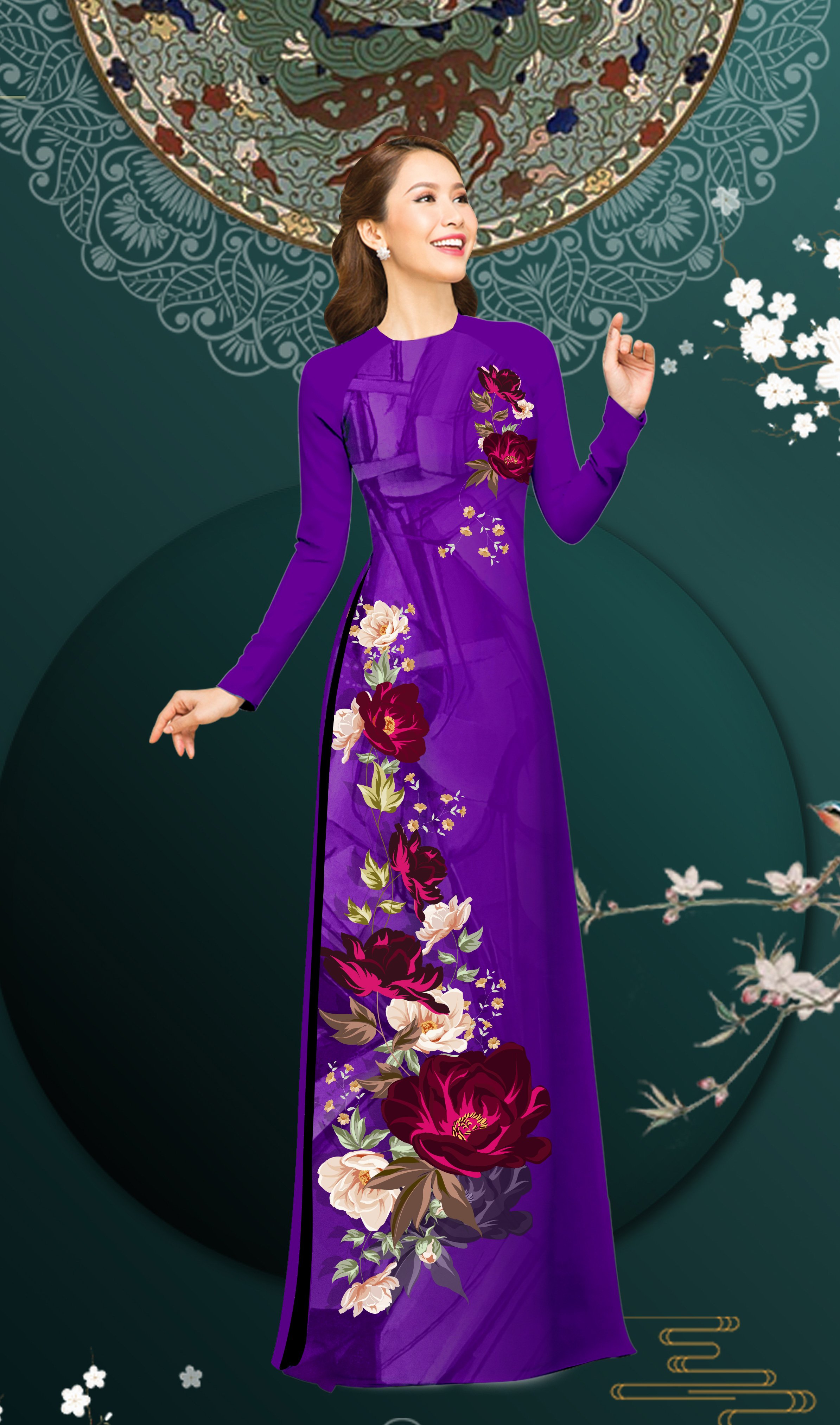 ÁO DÀI TRUYỀN THỐNG IN HOA LẬP THỂ CAO CẤP - KHÔNG KÈM QUẦN