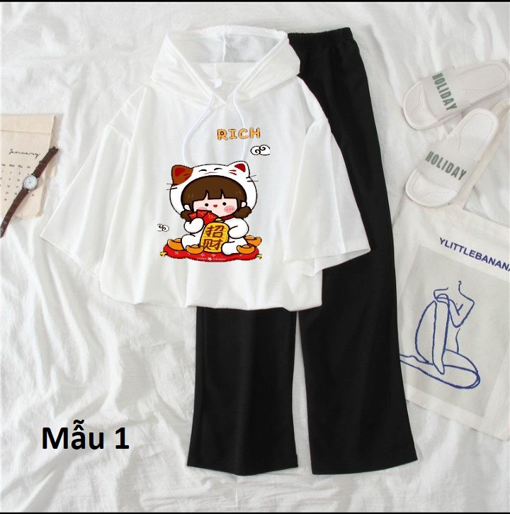 Set bộ quần ống rộng kèm áo thun có mũ các mẫu kute