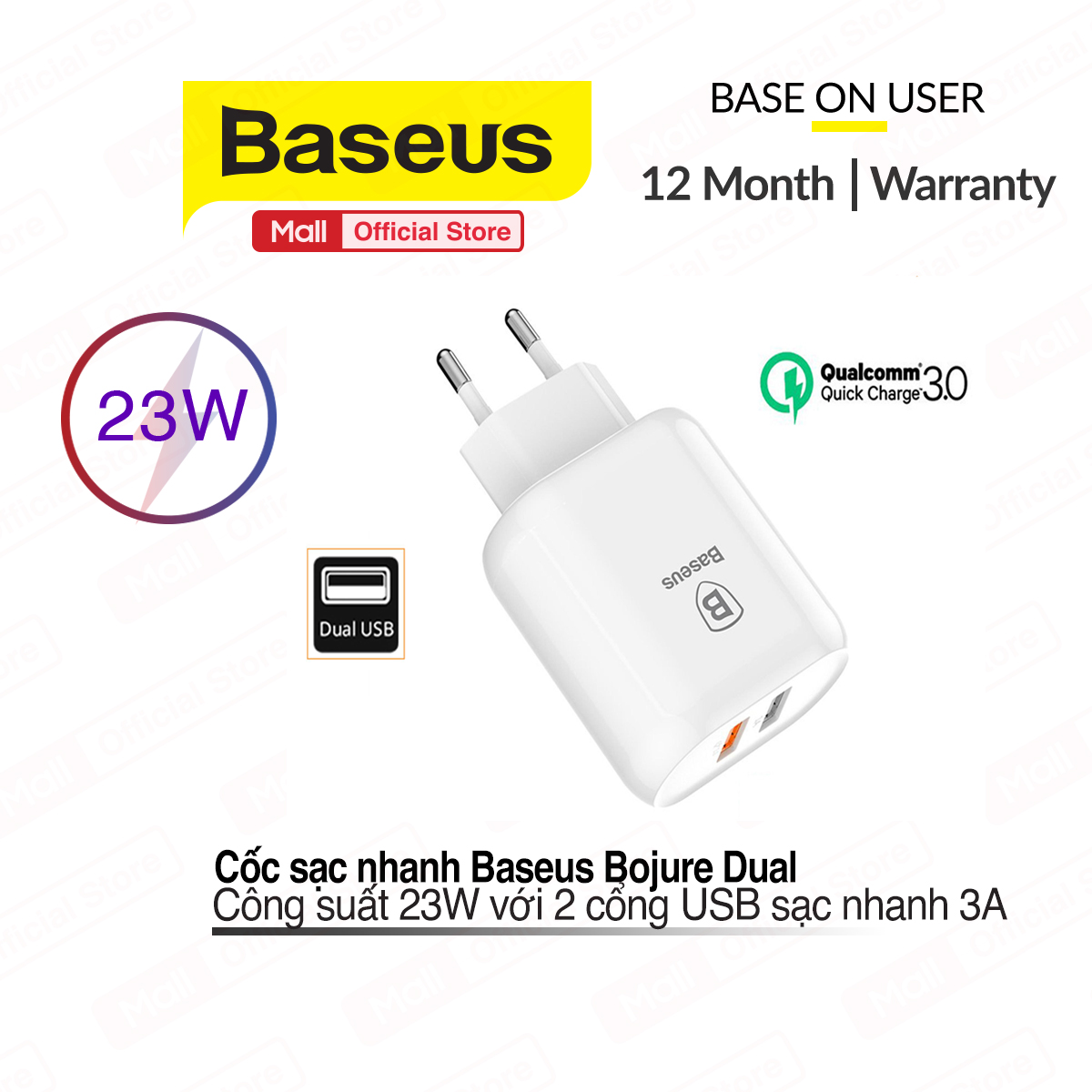 Bộ sạc nhanh đa năng 23W Baseus Bojure 2 cổng USB (23W, Dual USB Quick charge 3.0)