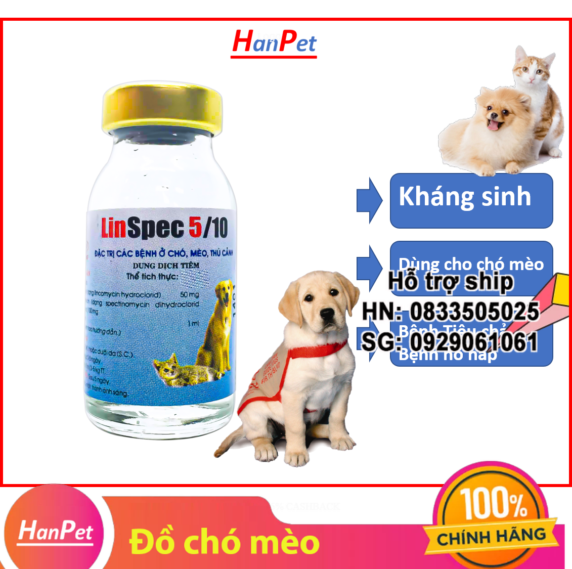 Hanpet - Kiết lị chó dạng Tiêm chuyên tiêu chảy chó mèo ra máu, chích chó mèo biếng ăn nôn mửa