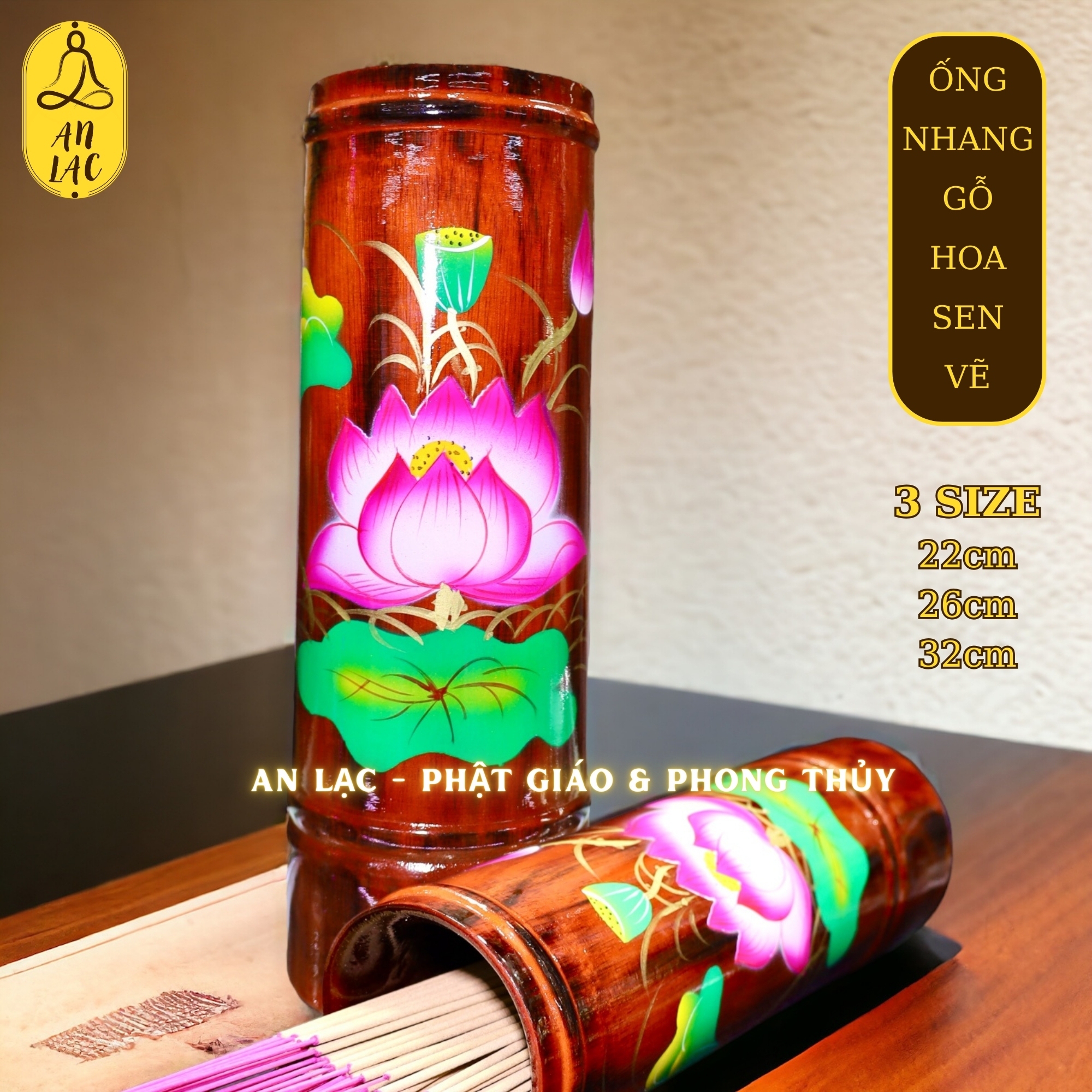 ỐNG NHANG GỖ VẼ HOA SEN - MẪU NÂU ĐỎ (NHIỀU SIZE)