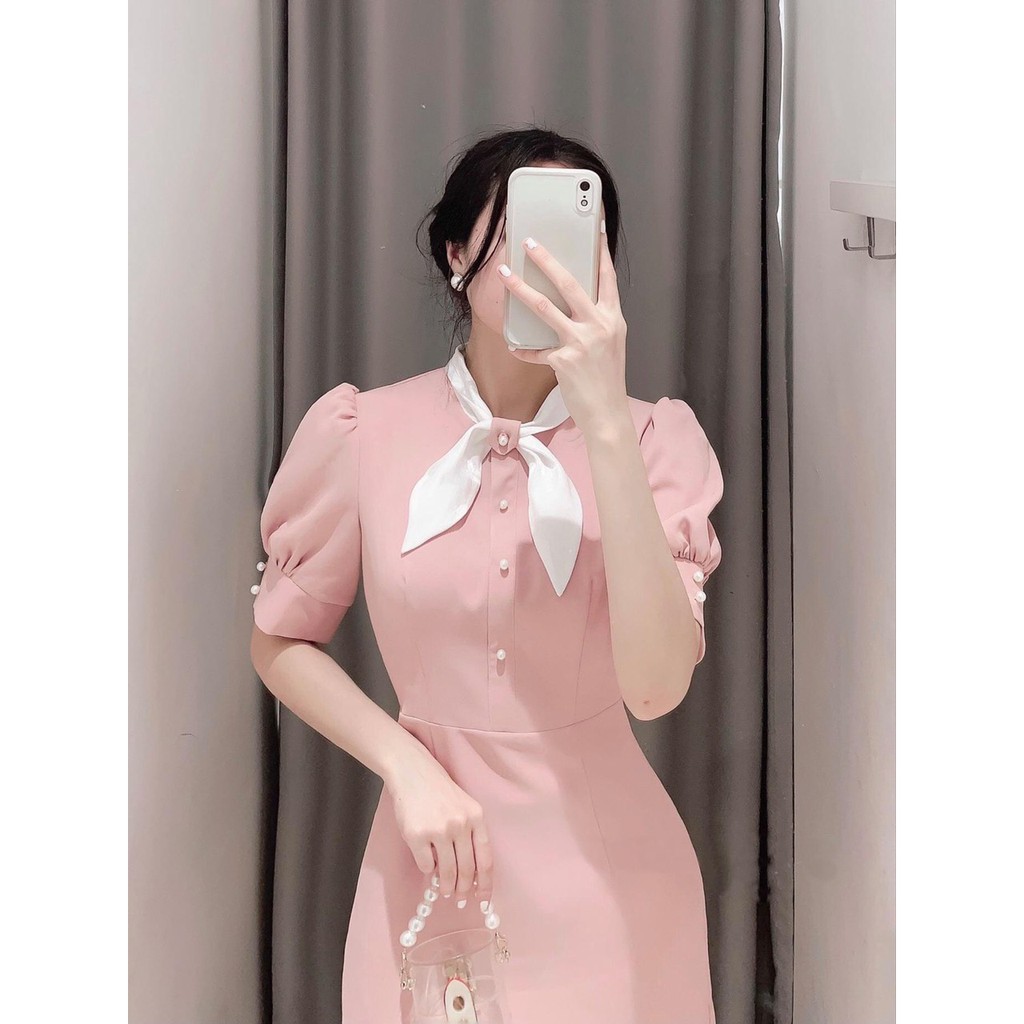 Đầm công sở phối cổ nơ cúc ngọc - đầm thiết kế