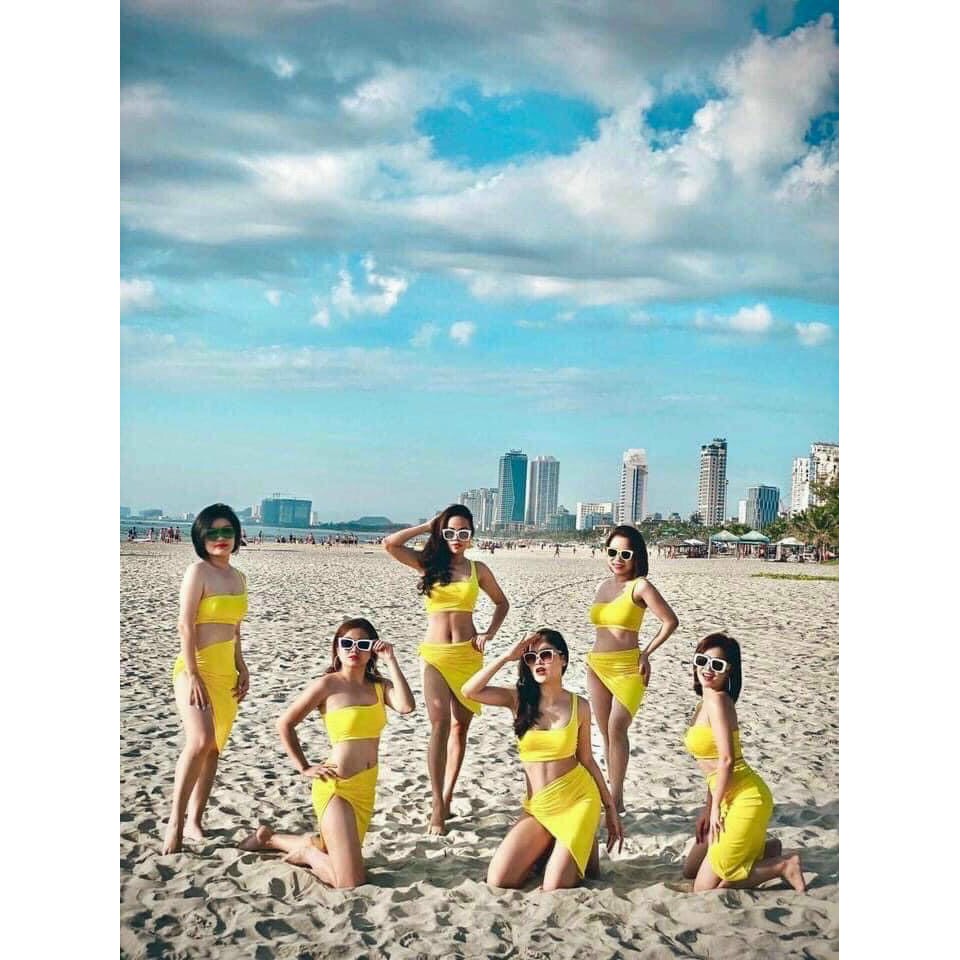 Bikini lệch vai kèm khăn quấn ( set 3 món)