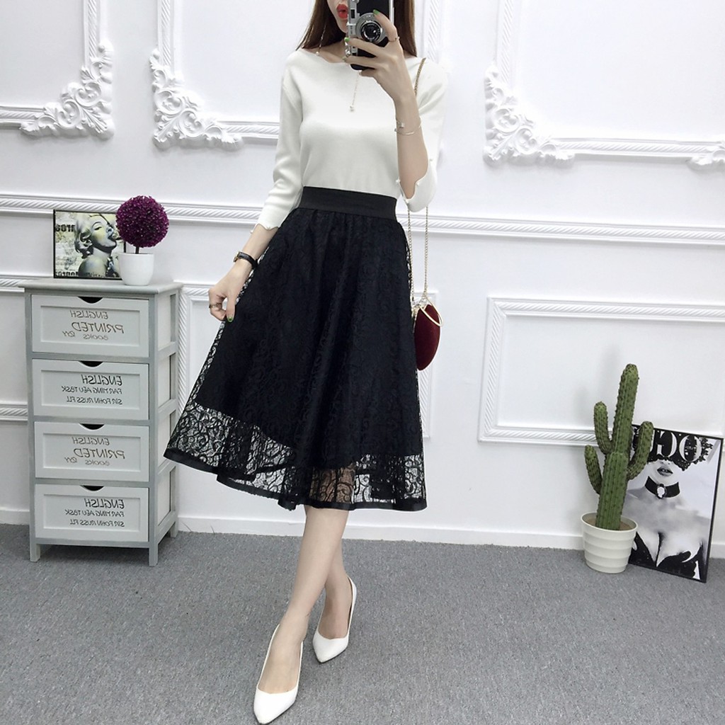 Chân váy xoè bằng ren hoa đến gối