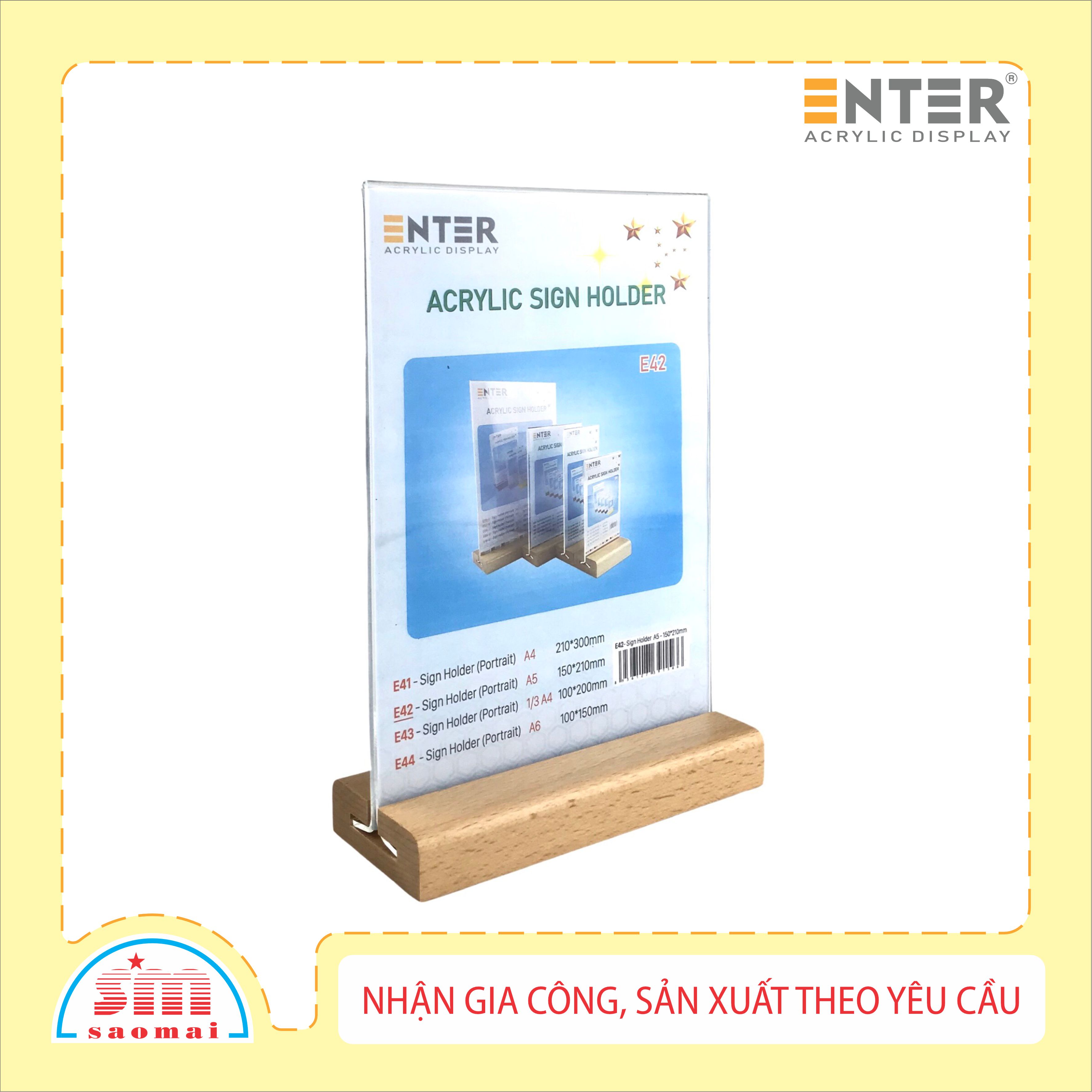 Kệ mica 2 mặt Enter E42 150x210mm đế gỗ A5 đứng, Kệ menu nhà hàng, Standee mica để bàn, Bảng quét mã QR Code