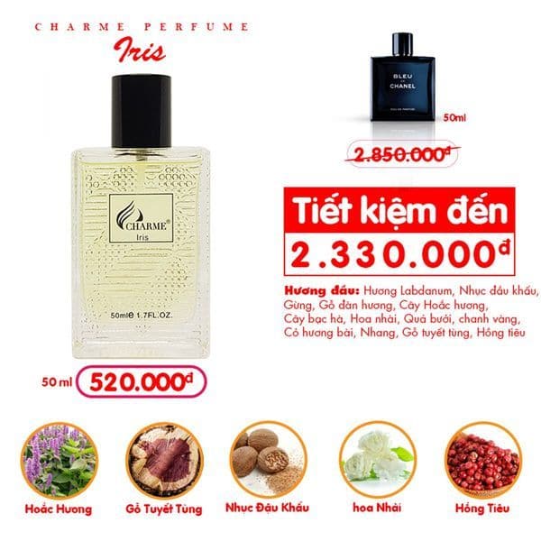 Nước hoa nam iris chamme 50ml chính hãng 100% sang trọng , mạnh mẽ lưu hương cả ngày