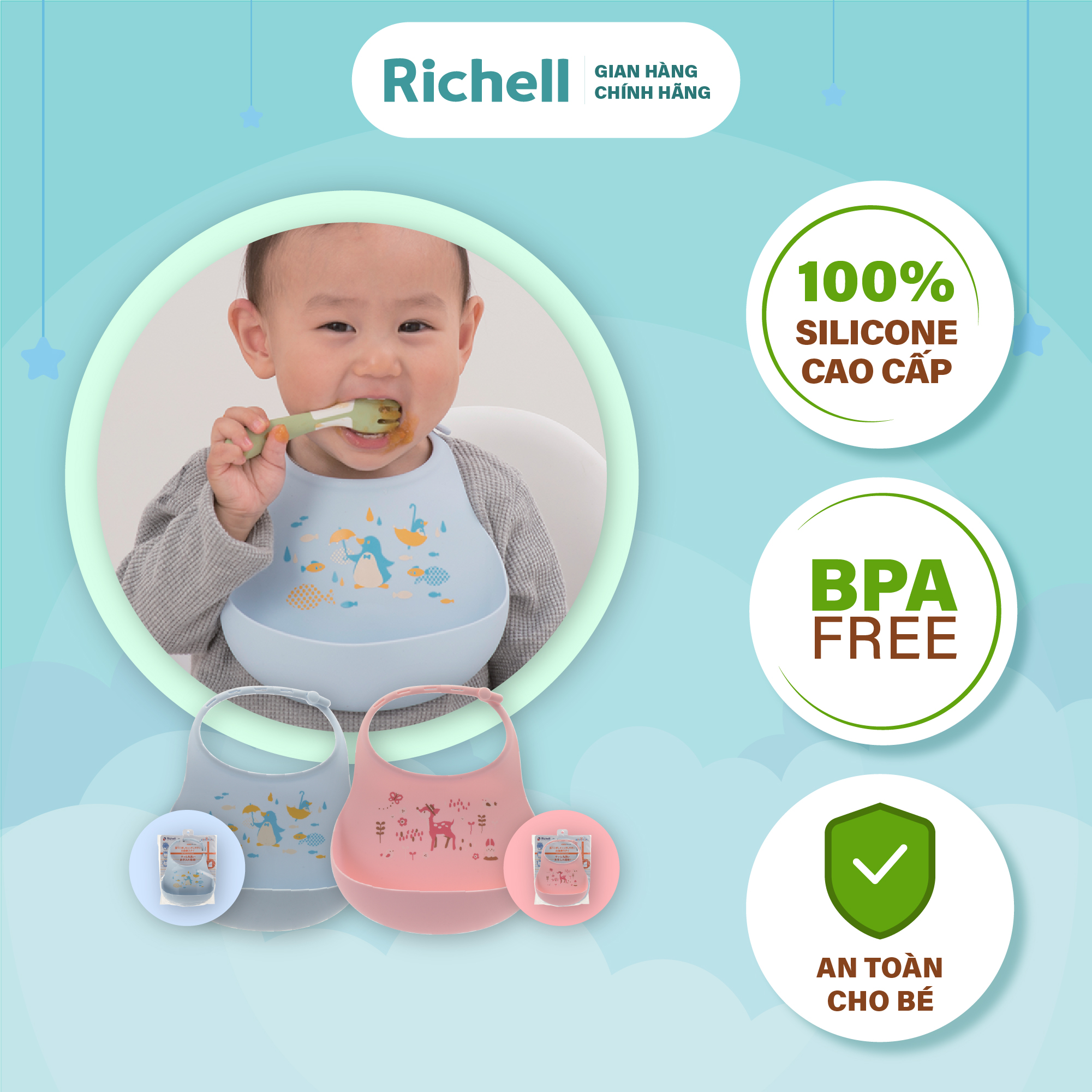 Yếm ăn dặm silicone RICHELL có máng hứng | Baby