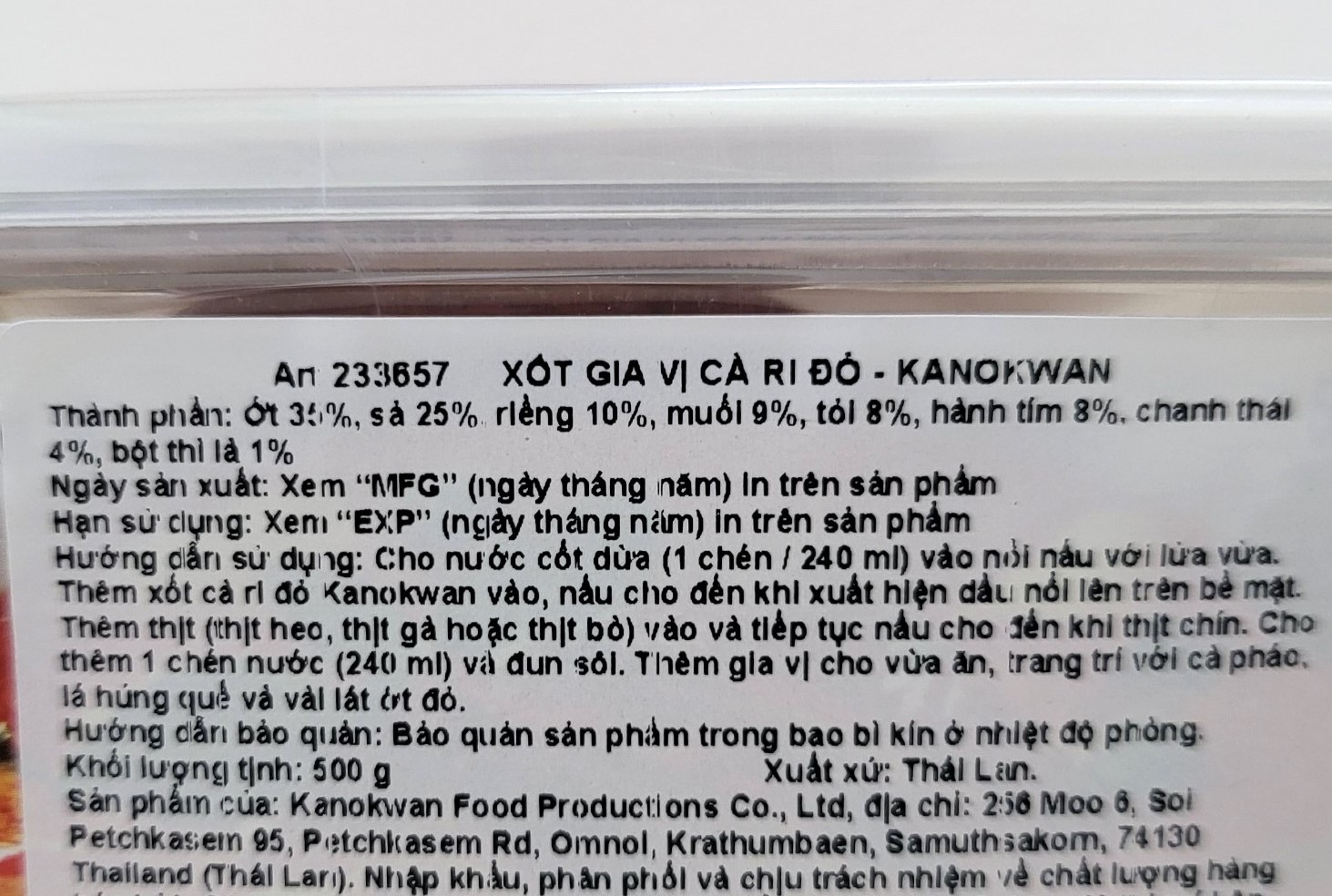 KANOKWAN (Hộp CR/ĐỎ 500g) SỐT GIA VỊ CÀ RI ĐỎ Red Curry Paste (HALAL)