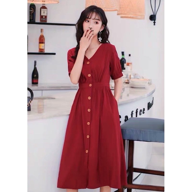 Đầm đỏ cổ V form dài