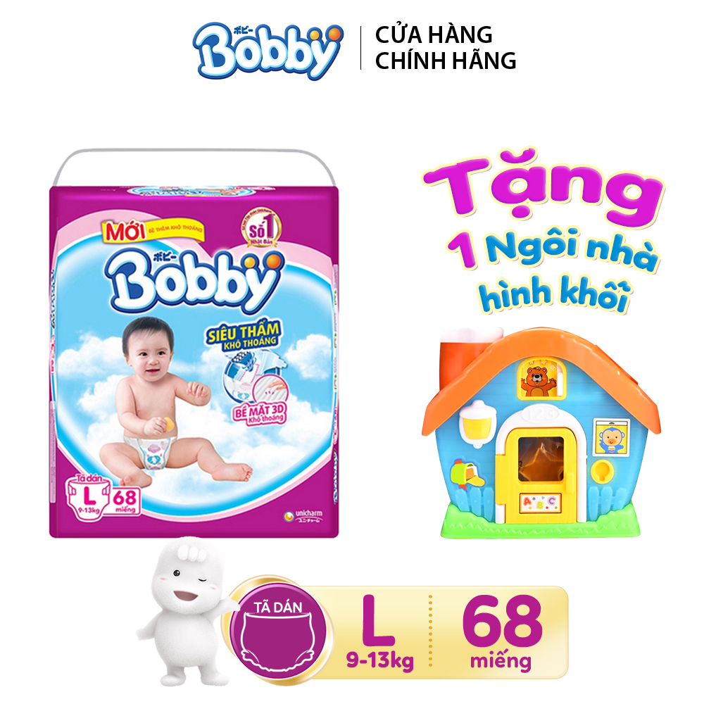 [Tặng 1 nhà thả hình thông minh] Tã dán Bobby siêu thấm - khô thoáng M76/L68/XL62/XXL56