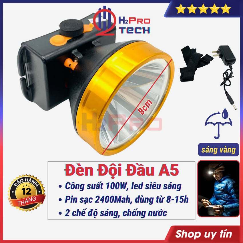 Đèn Đội Đầu Siêu Sáng Led 100W A5 Ánh Sáng Trắng Hoặc Vàng, Đèn Pin Đội Đầu Pin Trâu Dùng 8-15H, Chịu Nước - H2Pro Tech