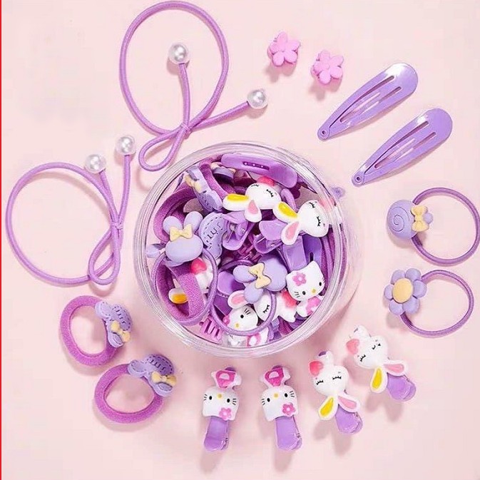[Giá rẻ hủy diệt] Hộp 50 dây buộc tóc + kẹp tóc đính nơ dễ thương cho bé(hộp nhựa tròn)