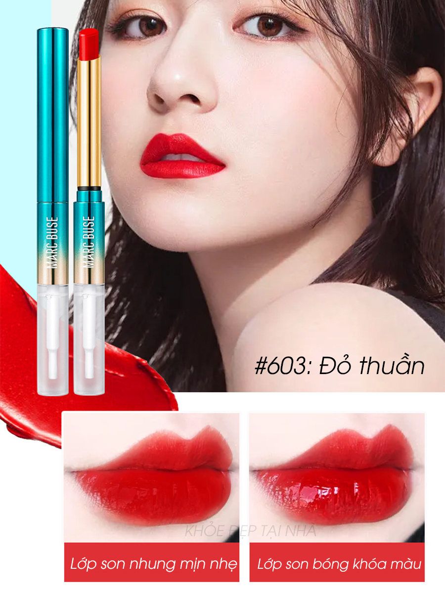 Son khóa màu chống nước Marc Buse son môi bền màu kháng nước lâu trôi chất son nhung lì son 2 đầu Marc Buse Hàn Quốc