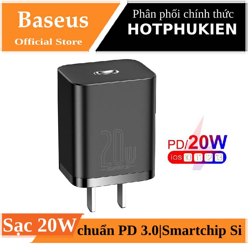 [HCM]Adapter Cóc củ sạc type c sạc nhanh 20W chuẩn PD 3.0 Type-C hiệu Baseus Super Si trang bị chip sạc thông minh (phiên bản đầu cắm US-UK) KGG  (Bảo hành 03 tháng 1 đổi 1) - Phân phối bởi Hotpukien