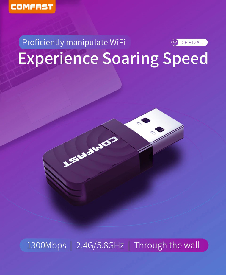 USB Thu WiFi COMFAST CF-812AC 1300Mbps Có Hỗ Trợ 5Ghz