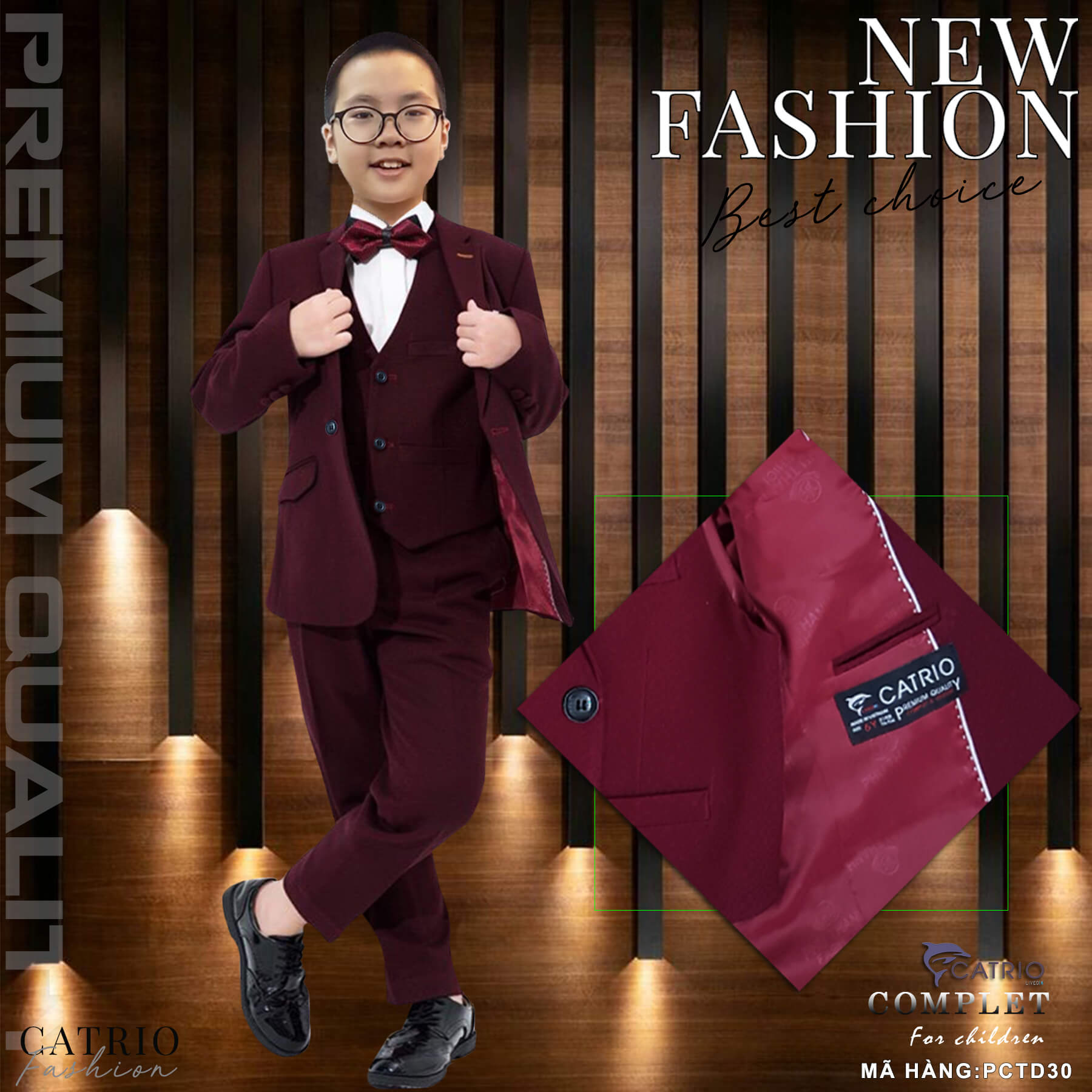 BỘ COMPLE BÉ TRAI CATRIO PCT D30 là bộ đồ vest trẻ em từ 5 tuổi (20kg-22kg) đến 7 tuổi (26kg-28kg), gồm 3 chi tiết áo vest bé trai, quần dài bé trai và áo gile, thuộc bộ sưu tập quần áo complet & Veston CATRIO mùa lễ tết, tiệc cưới