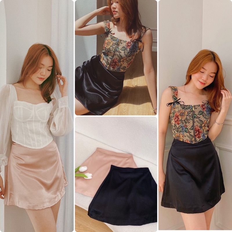 Chân váy lụa trơn chữ a ngắn quyến rũ reverclothings satin skirt