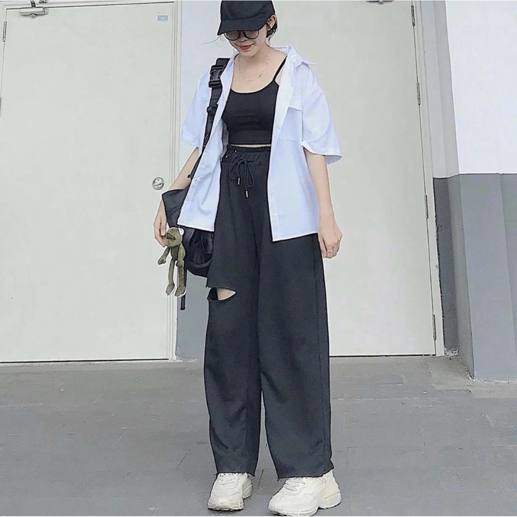 quần ống rộng nỉ - chất liệu da cá