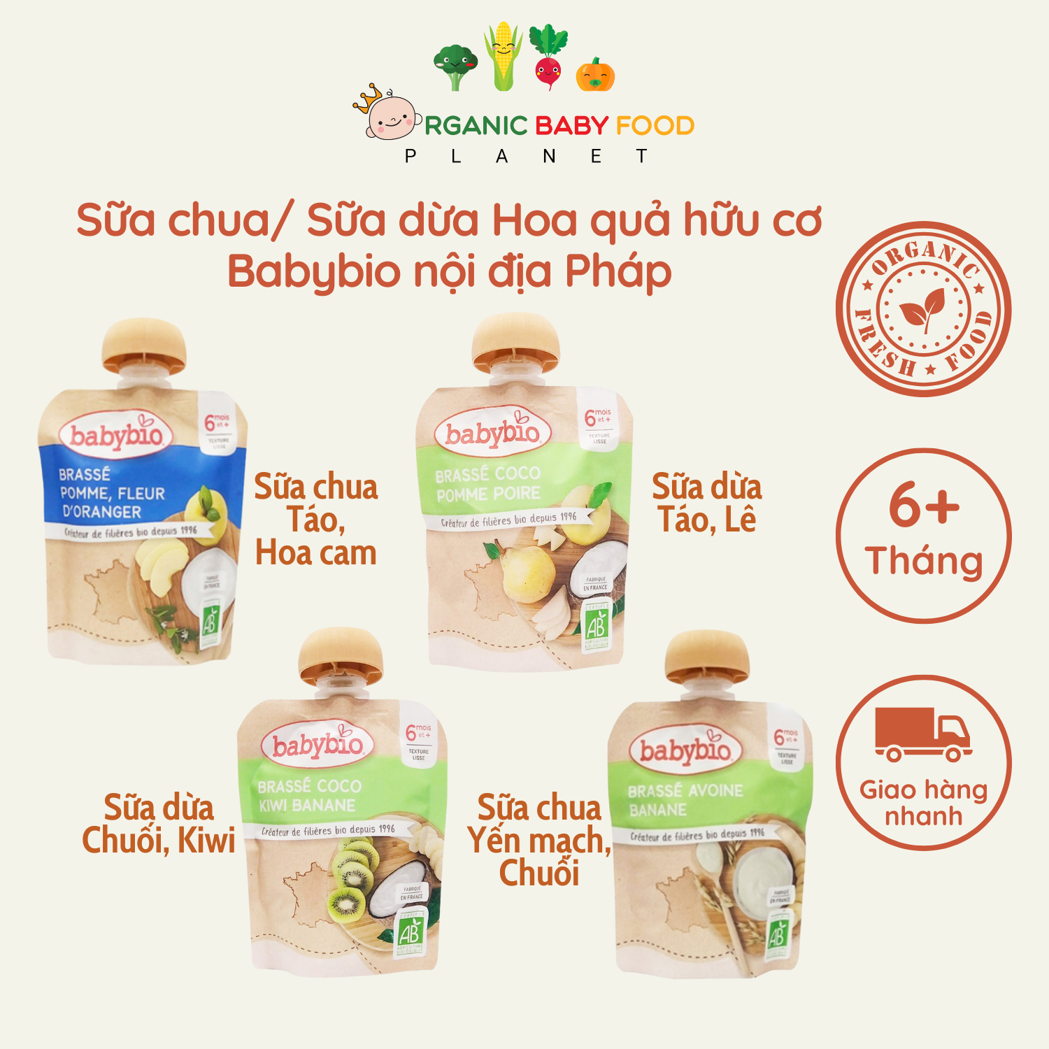 Sữa chua Sữa dừa Hoa quả hữu cơ Babybio cho bé từ 6 tháng túi 85g Hàng nội
