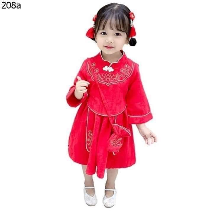 Đầm váy bé gái siêu xinh cho bé từ 9kg đến 22kg chất gấm đũi cao cấp mềm mại hút mồ hôi + Tặng túi đeo chéo đựng lì xì Tết  (màu đỏ)