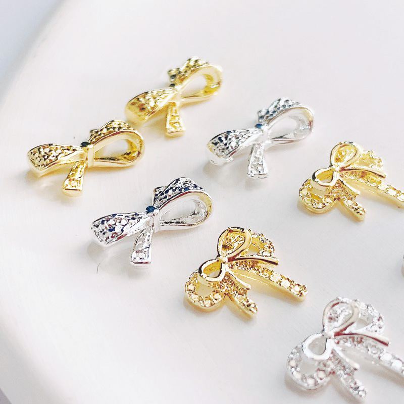 [Ảnh thật] Charm Nơ Kim Loại Vàng Bạc Đính Móng 3A