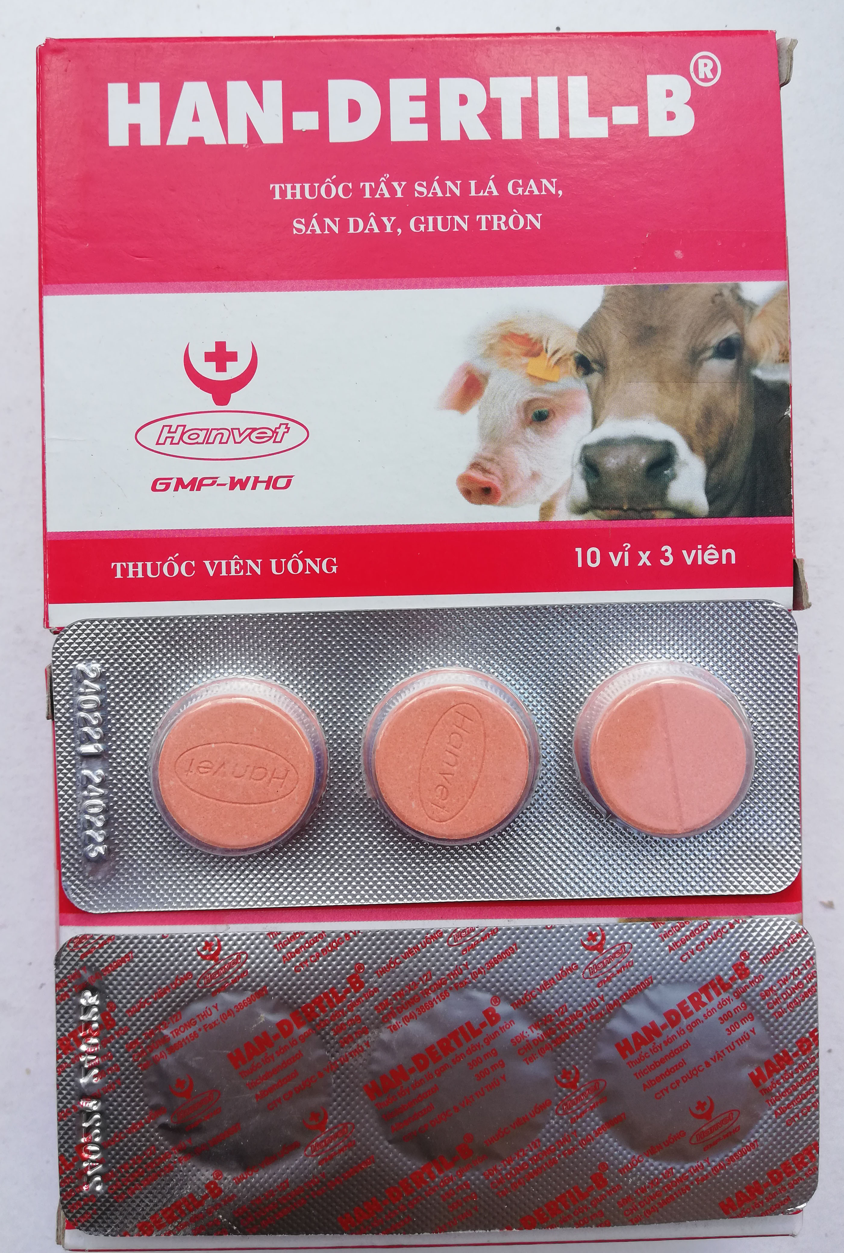1 vỉ 3 viên  HAN-DERTIL-B HANVET tẩy sán lá gan, sán dây giun tròn cho gia súc, trâu, bò, dê, cừu, ngựa, lợn