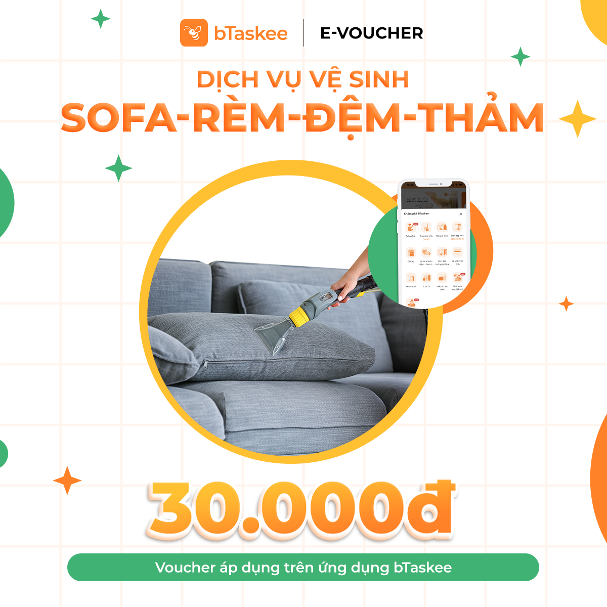 EVoucher trị giá 30.000đ áp dụng cho dịch vụ Vệ sinh Sofa, rèm, đệm, thảm