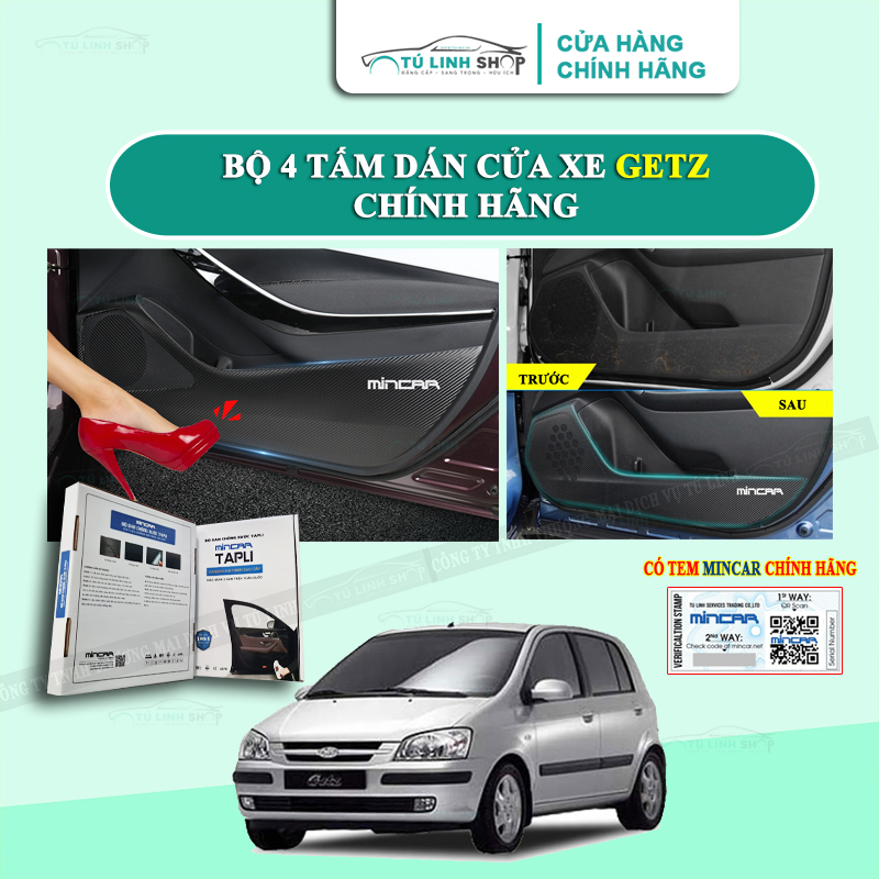 Bộ 4 Tấm dán Tapli xe GETZ chính hãng MINCAR, chống xước tapi cửa ô tô bằng Carbon Air Fiber cao cấp
