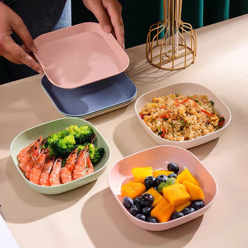 Set 8 đĩa nhựa lúa mạch, bao gồm  4 đĩa phẳng và 4  sâu lòng, đĩa lúa mạch hình vuông size 15 cm, dễ dàng theo du lịch, có thể tái sử dụng, thiết kế nhỏ gọn dễ dàng mang theo