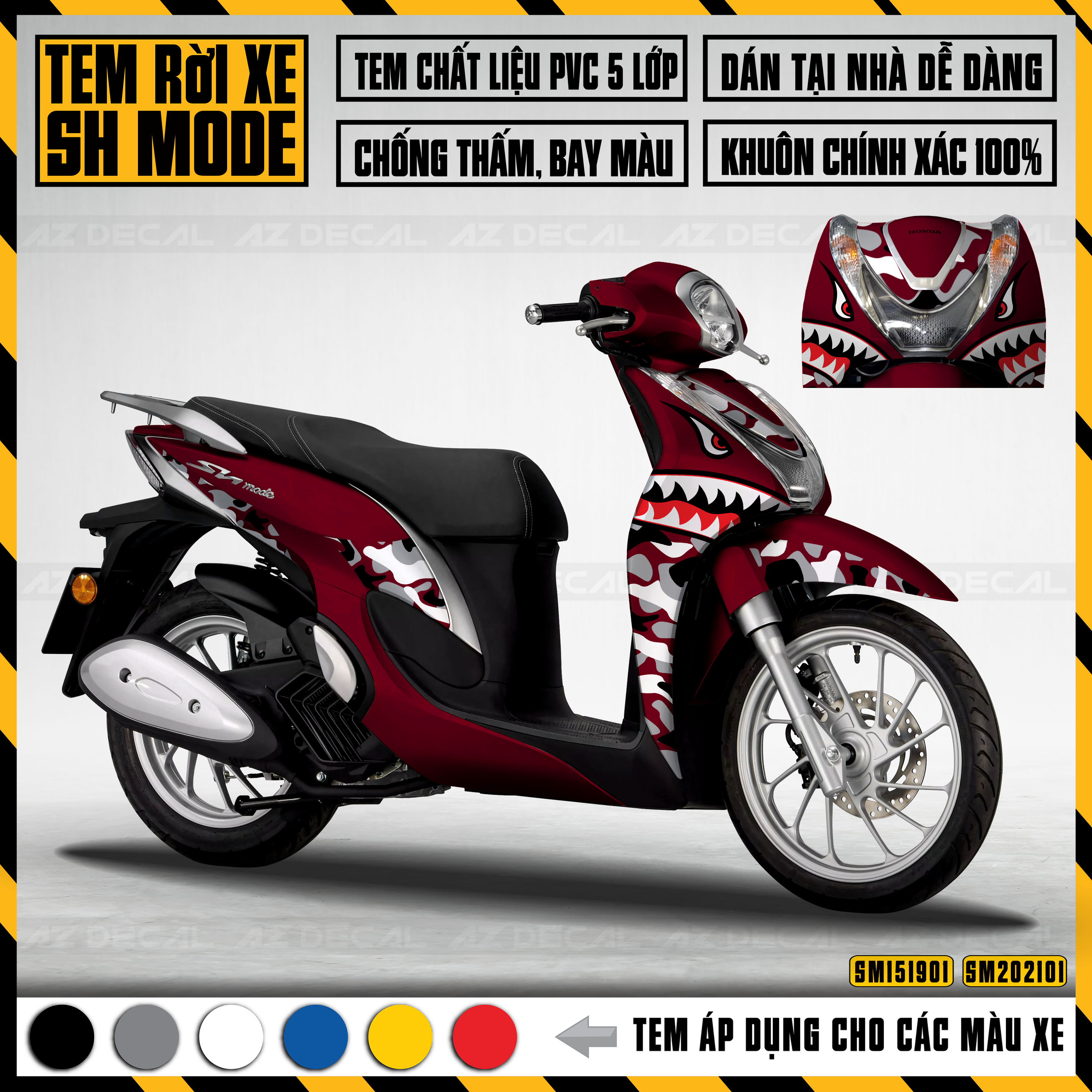 Tem rời xe sh mode mẫu cá mập | sm01 | decal chế dán xe 2015 - 2019 và 2020 - 2021, áp dụng màu đen, trắng, đỏ, bạc đen - azdecal