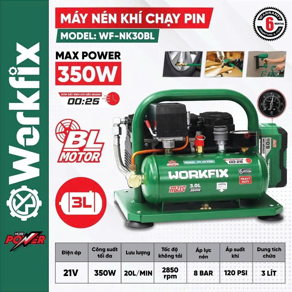 Workfix Wf-Nk30Bl Battery Air Compressor - 21V, 350W Output, 3L Tank, Brushless Motor, 120Psi Pressure (12 Month Warranty) Giá 2,400,000 Đồng*Miễn phí vận chuyển