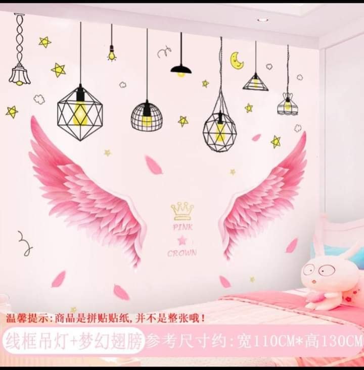 DECAL DÁN TƯỜNG CHÙM ĐÈN SAO VÀNG VÀ ĐÔI CÁNH THIÊN THẦN