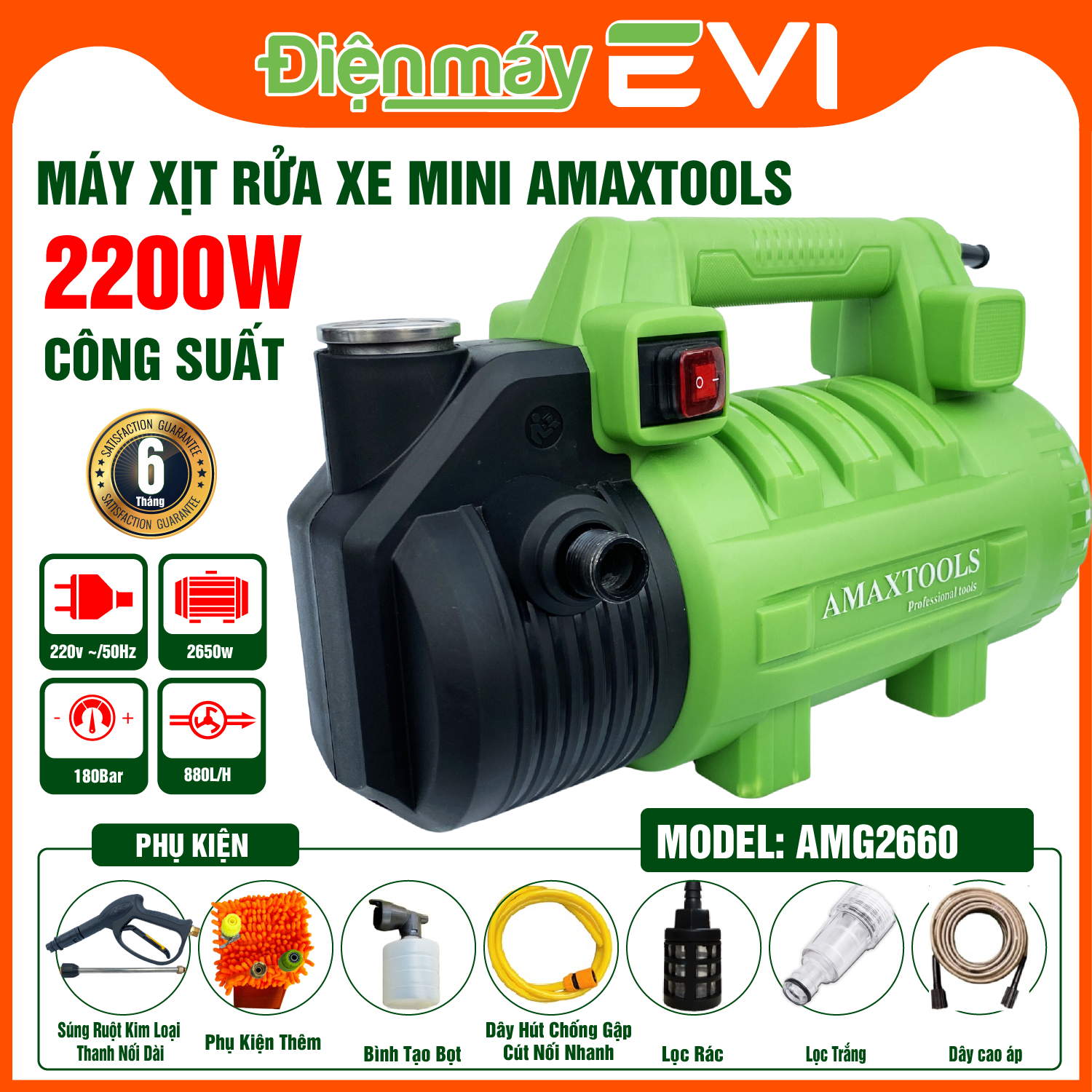 Máy rữa xe amaxtools amg2660 công suất lớn 2650w máy rữa xe áp lực cao 180bar 2660w / 880l/h