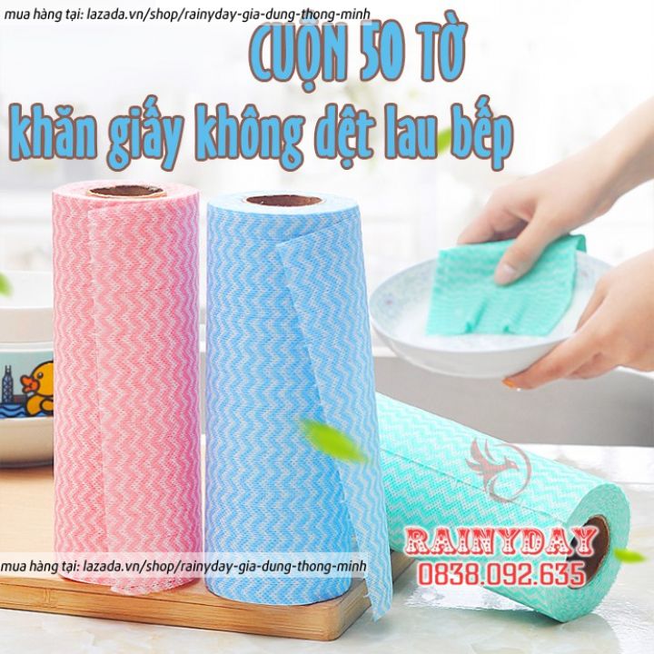 Cuộn khăn lau giấy lau nhà bếp lau tay bát đĩa chén ly đa năng bằng vải không dệt siêu thấm 50 tờ