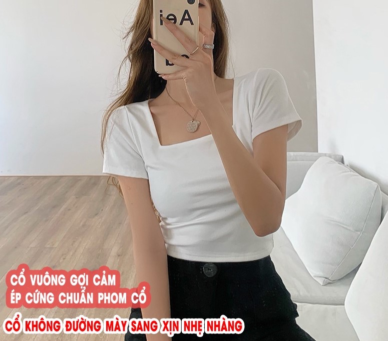 Áo croptop cổ vuông ngắn tay ôm nữ , áo crt hở rốn thun gân 100% cotton đẹp màu đen trắng