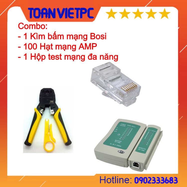 Combo 1 kìm bosi, 1 hộp test mạng, 100 đầu bấm dây mạng amp