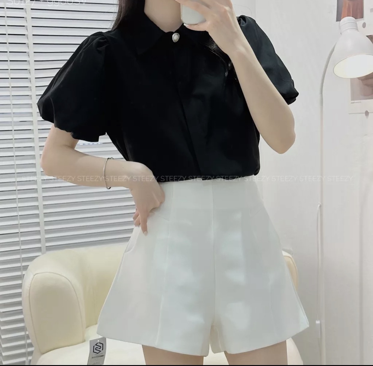 Áo sơ mi cộc tay phồng EMIX, cúc ngọc, tay ngắn, form rộng dưới 55kg, chất thô boil 856